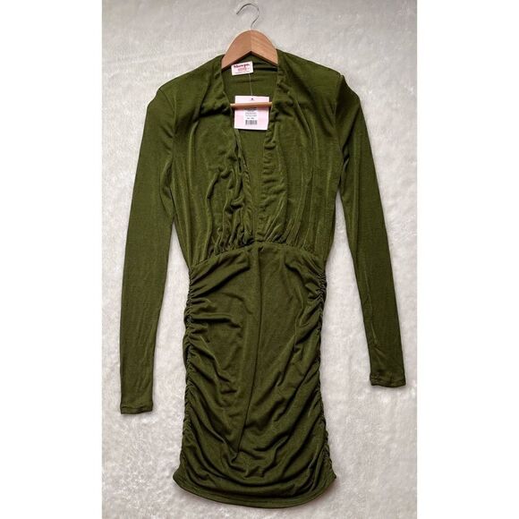 NWT Showpo Kaitie Mini Deep V Open Front Ruched Dress in Khaki, Size 4 - Picture 9 of 16